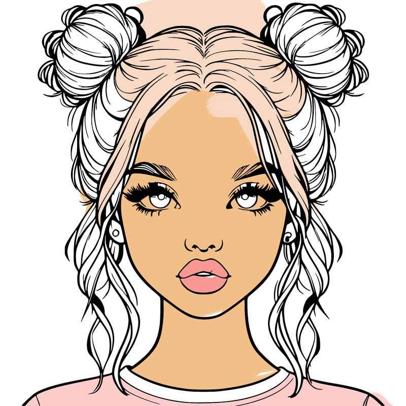 realistic girl with two buns in hair and lips