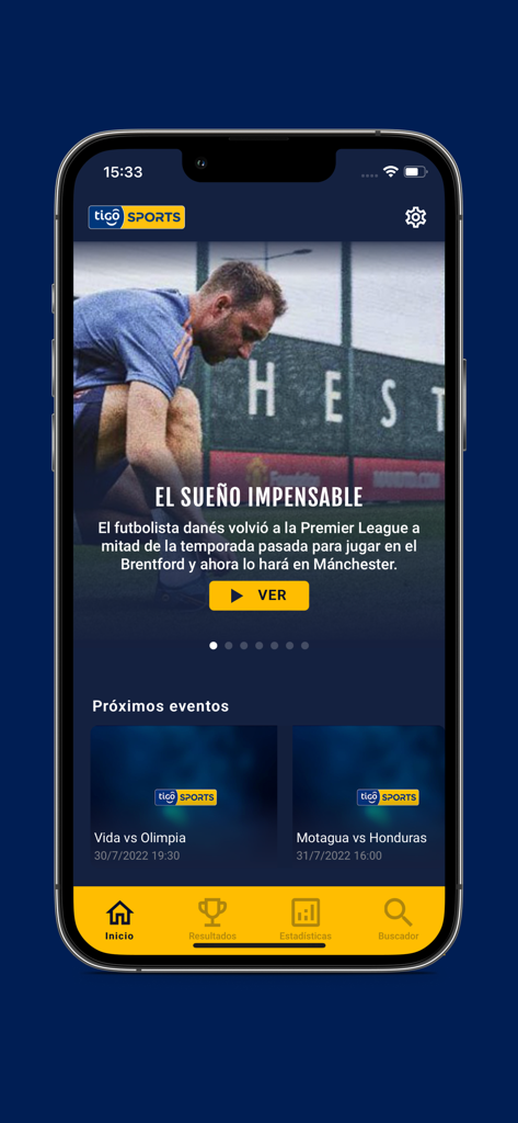 Tigo Sports Honduras - Home screen of the Tigo Sports Honduras app showing sports news and upcoming soccer match schedules.