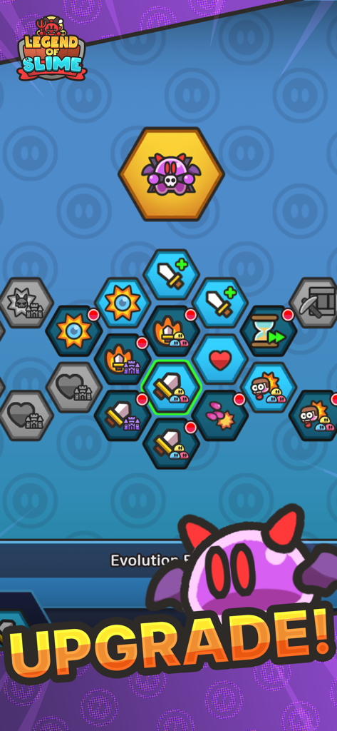 Legend of Slime: Idle RPG - Tela de evolução em Legend of Slime mostrando uma árvore de habilidades hexagonal e um personagem slime morcego roxo com uma mensagem de aprimoramento.