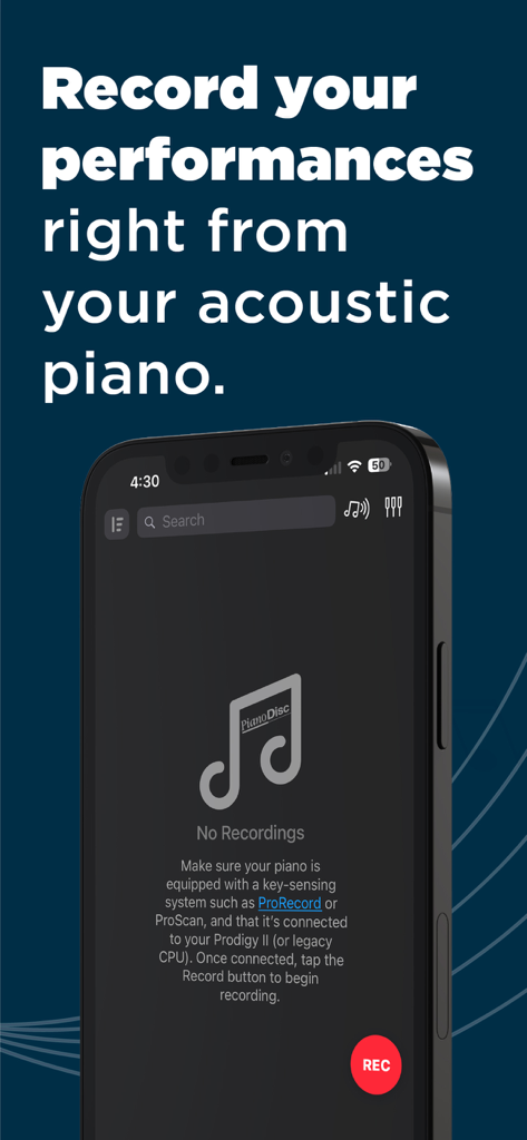 The recording interface of the PianoDisc iQ Player app showing a red record button and instructions for capturing acoustic piano performances.