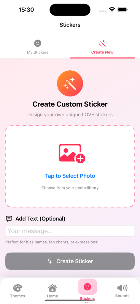 Katseye Kpop keyboard- Sticker - A mobile app interface for creating custom stickers with options to select a photo and add text for Katseye fans.