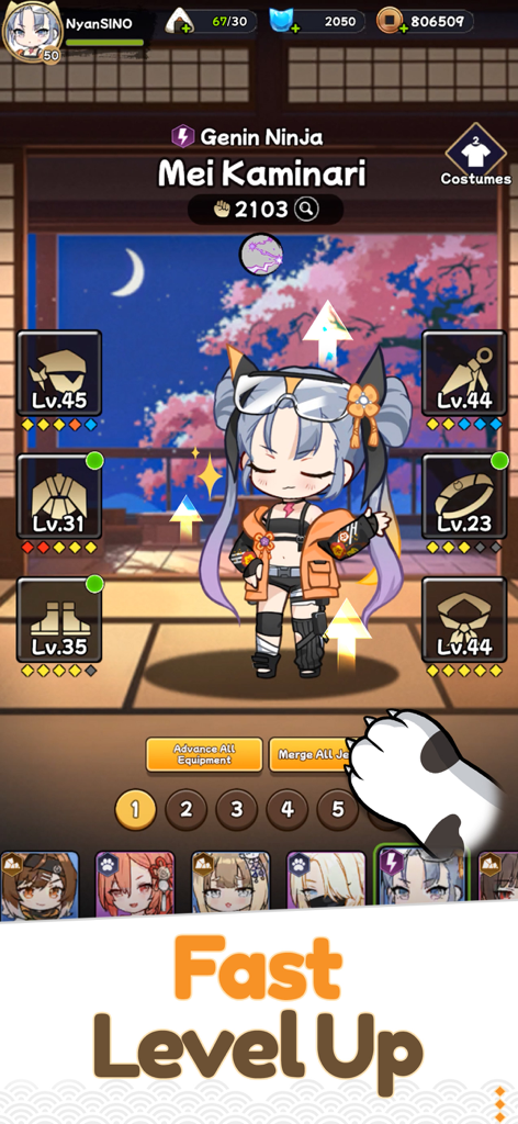 Ninja Defenders Cat Shinobi character Mei Kaminari equipment and level up screen