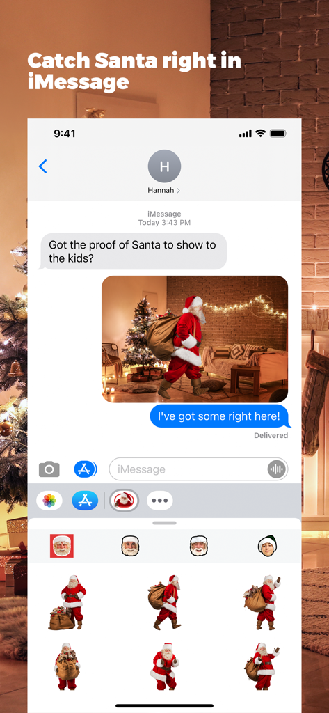 Catch Santa Claus in My House - Screenshot of an iMessage conversation where a user shares a photo of Santa Claus in a living room using digital stickers.