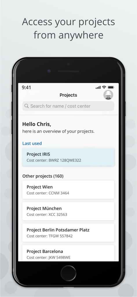 IRIS site - Pantalla de la aplicación móvil IRIS site que muestra una lista de proyectos de construcción y centros de costos