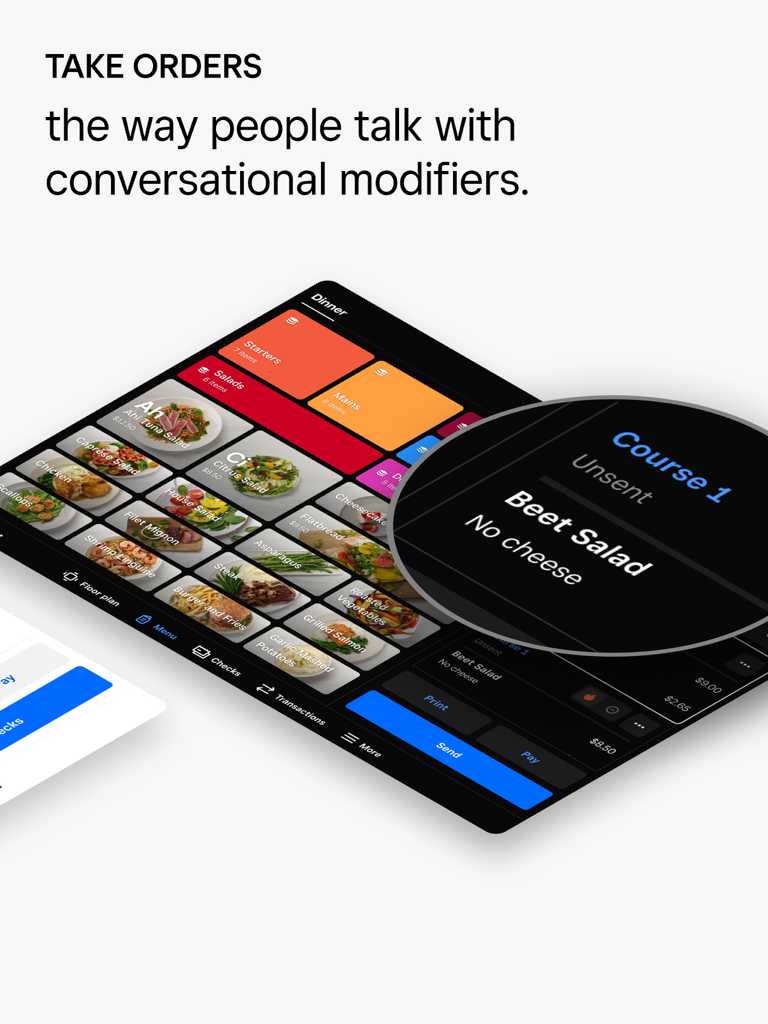 Square - Restaurants POS - Interface do PDV Square para Restaurantes no iPad mostrando um pedido de salada de beterraba com um modificador sem queijo.