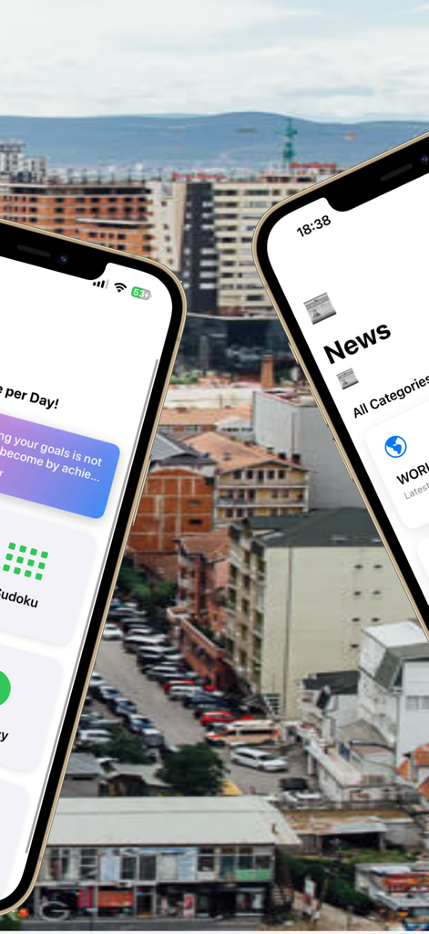 Two iPhones displaying the News and Sudoku features of the Radio Kosova Live FM app over a panoramic view of a city.