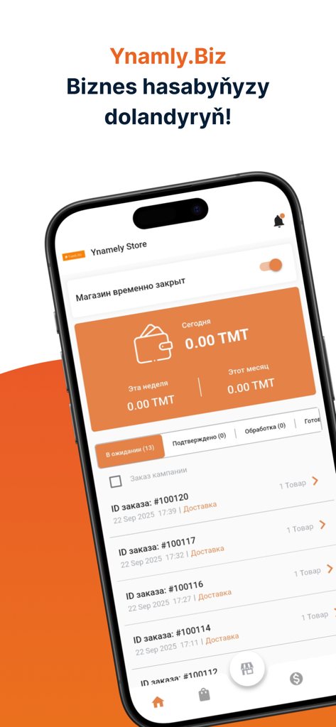 Ynamly Biz Store - Smartphone screen showing the Ynamly Biz Store app dashboard with sales statistics and order tracking information
