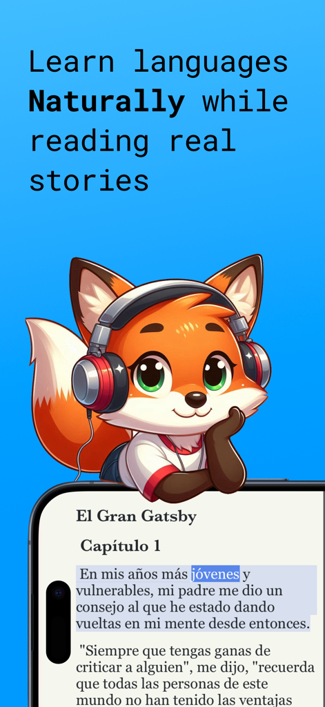 Lingo Books: Spanish Learning - Cute fox mascot learning Spanish by reading stories on a mobile device