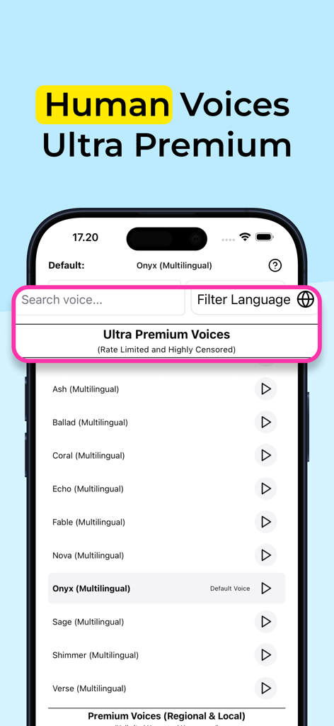 TTS Reader Pro Read Text Aloud - Selection screen for ultra premium human sounding AI voices