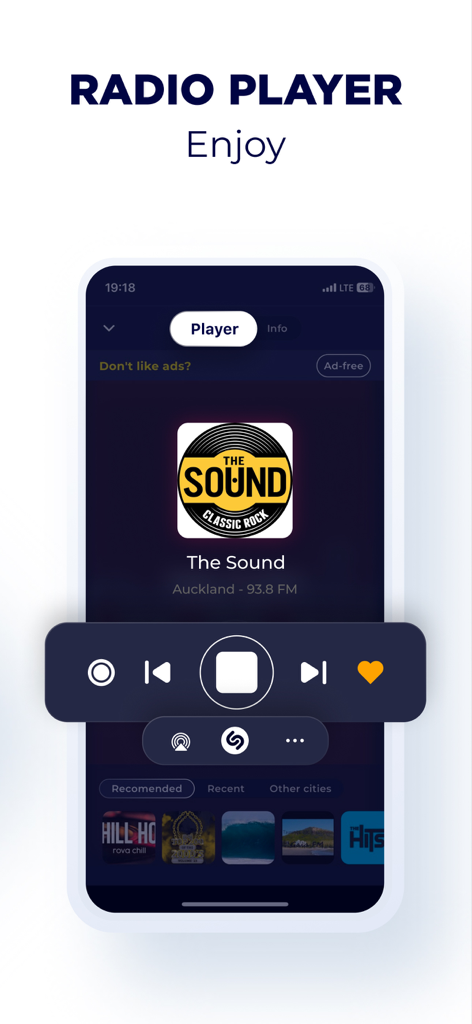 Radio New Zealand: FM & Online - Player do aplicativo Radio New Zealand apresentando a estação de rock clássico The Sound.