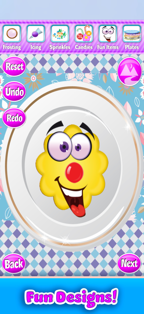 Cookie Maker & Cooking Games - A yellow flower cookie decorated with a funny cartoon face on a white plate in a cooking game