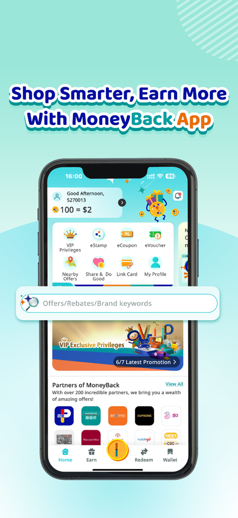 MoneyBack app home screen showing points balance member privileges and retail partners
