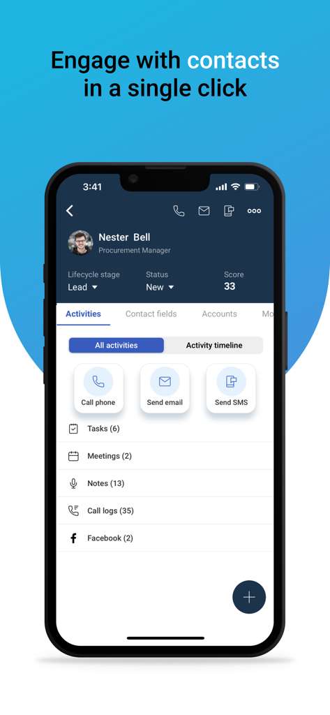 Freshsales - App mobile Freshsales che mostra un profilo contatto con azioni rapide per chiamare, inviare email e messaggi.