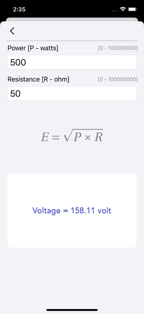 Ohm Law Calculator - Interfaz de la Calculadora Ley de Ohm mostrando un cálculo de voltaje basado en entradas de potencia y resistencia