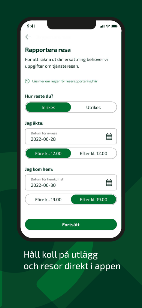 A mobile interface for reporting business travel expenses within the Fortnox app