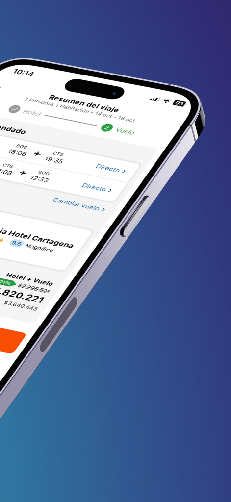 Tela de resumo da viagem do aplicativo TiquetesBaratos mostrando detalhes de reserva de voo e hotel em espanhol para uma viagem a Cartagena