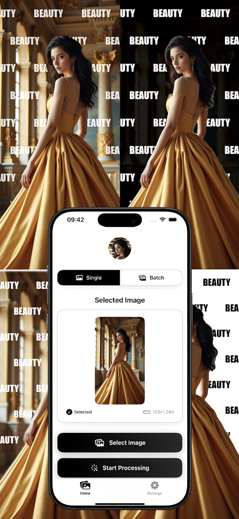 AIウォーターマーク写真アプリのインターフェース。画像選択とスマートウォーターマーク処理が表示されています。
