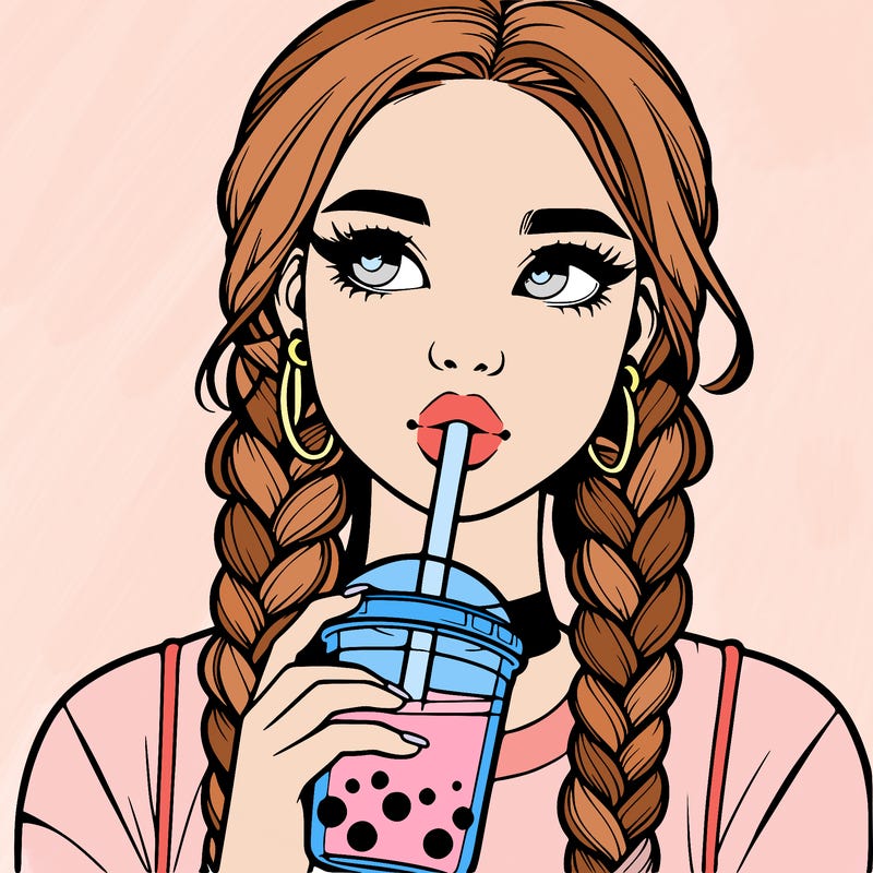 realistic girl with braided hair drinking boba