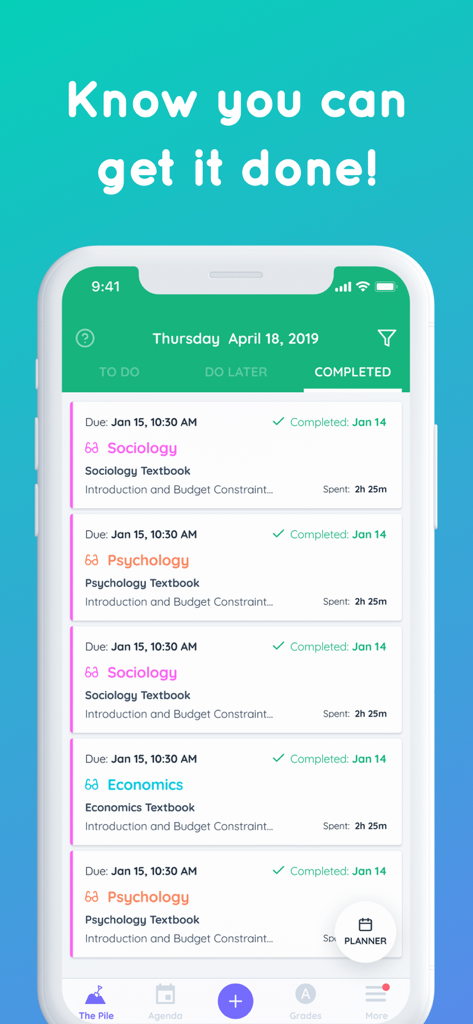 Mobile interface showing a list of completed academic tasks with time spent on each subject.