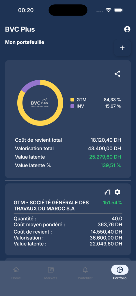 BVCPlus - Pantalla de la aplicación BVCPlus que muestra un resumen de la cartera con un gráfico de distribución de inversiones y la valoración total de activos