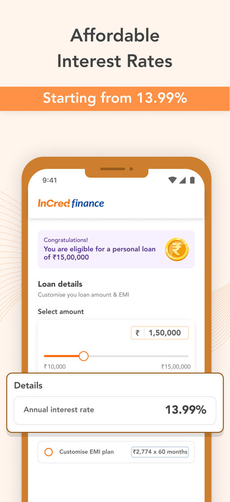 InCred Finance - InCred Finance app screen showing affordable personal loan interest rates starting from 13.99 percent