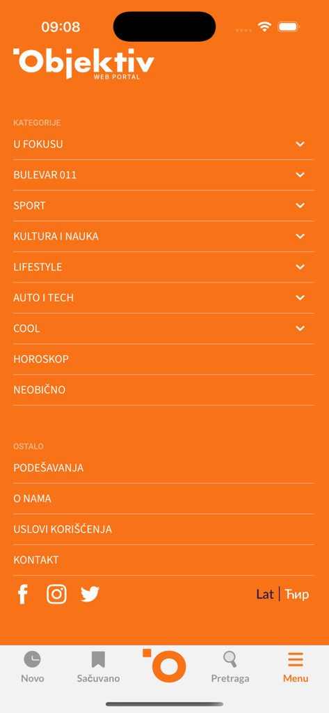 Menu de navigation de l'application d'actualités serbes Objektiv montrant les catégories et les paramètres sur fond orange