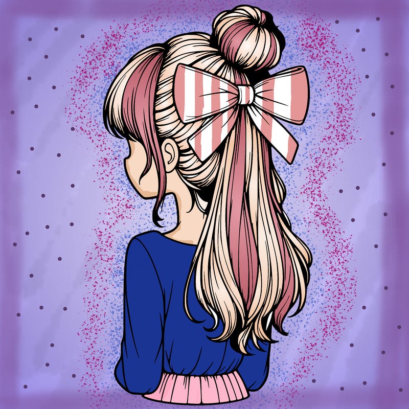 realistic girl  with hip length hair a bun and a big bow on the back of head