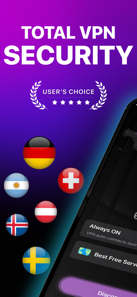OrNET VPN - OrNET VPN app interface highlighting total security and global server locations with a user choice rating