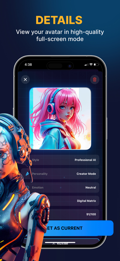 Ai Avatar Pro - A high quality preview of a pink haired anime avatar within the Ai Avatar Pro mobile app showing style and personality settings