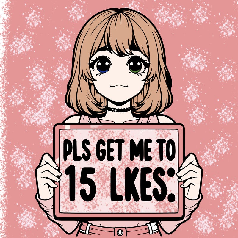 realistic girl holding up a sign that says “pls get me to 15 likes!”