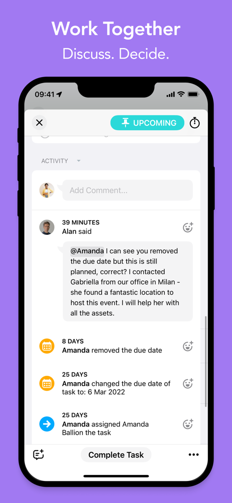MeisterTask - Task Management - Interfaz de la aplicación móvil MeisterTask que muestra comentarios del equipo y actualizaciones de actividad de tareas.