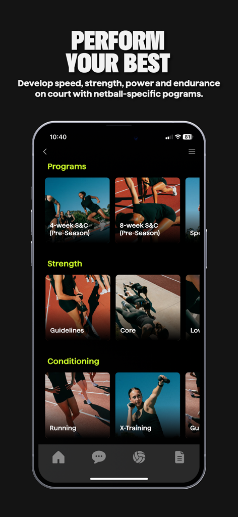 NetHub App - A screenshot of the NetHub app Perform screen displaying netball-specific strength and conditioning programs