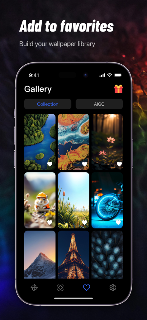 Interface do aplicativo Wallpapers de IA mostrando uma galeria em grade de vários wallpapers estéticos com um cabeçalho Adicionar aos favoritos.
