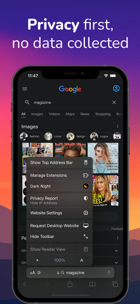 iPhone screenshot showing the Dark Night Safari extension menu with a privacy first message in dark mode