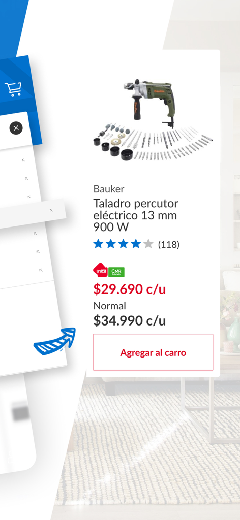 Sodimac: Casa y Construcción - Página do produto para uma furadeira de impacto elétrica Bauker no aplicativo Sodimac, mostrando detalhes técnicos e preços.