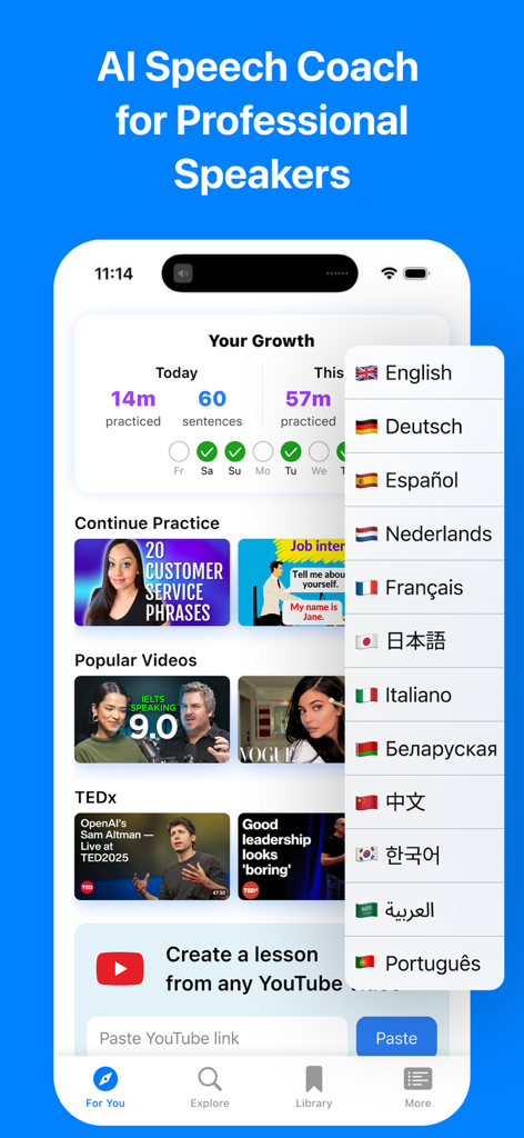 English Shadowing: Speak Pro - Dashboard of the Speak Pro app showing practice progress and video-based language lessons