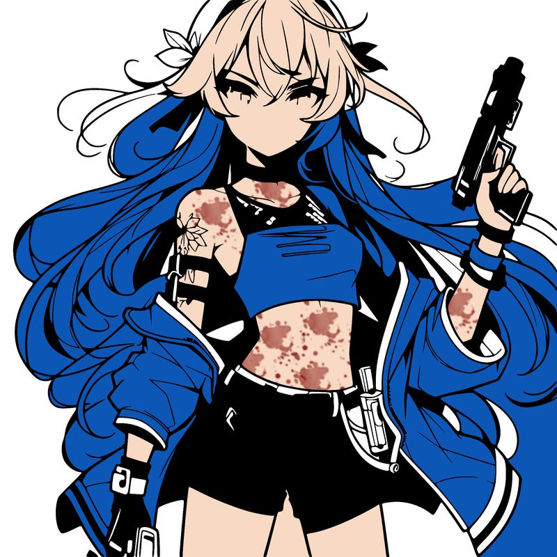bad girl wearing crop top holding a gun long hair anime
