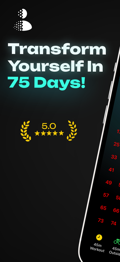 75Me app promotional screen with the headline Transform Yourself In 75 Days and a five star rating display