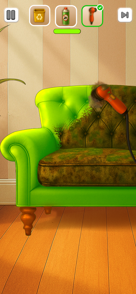 Cleaning a dirty green sofa in a makeover simulation game