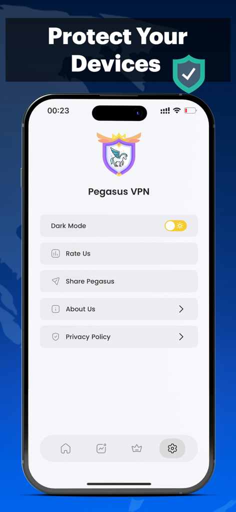 Pegasus VPN PRO - Settings menu of the Pegasus VPN PRO app on an iPhone screen.