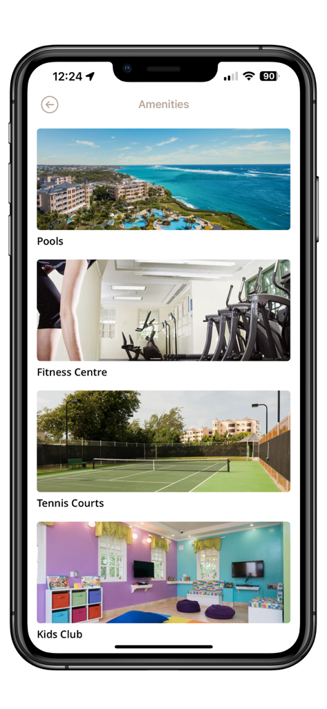 The Crane Resort - Screenshot dell'app The Crane Resort che mostra i comfort del resort, tra cui piscine, centro fitness, campi da tennis e club per bambini