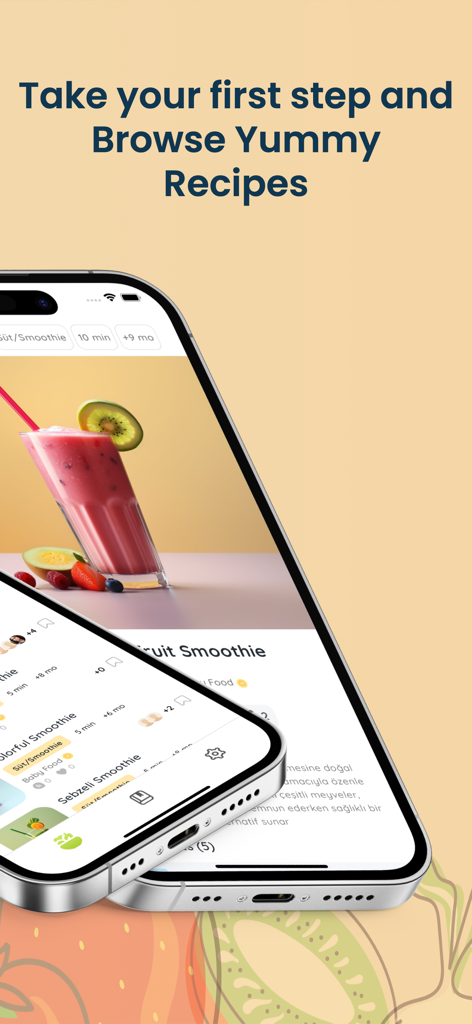 Mobile app interface displaying healthy fruit smoothie recipes for babies and toddlers