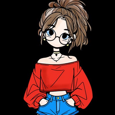 girl with a messy ponytail glasses a baggy crop top and jean shorts