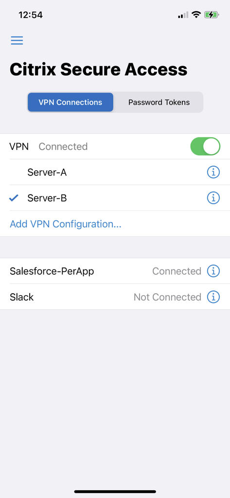 Panel de control de Citrix Secure Access que muestra la conexión VPN activa y el estado por aplicación