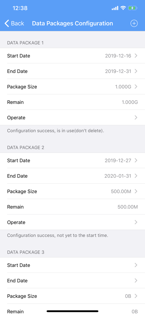 Interfaz para configurar múltiples paquetes de datos móviles y ciclos de facturación en la aplicación