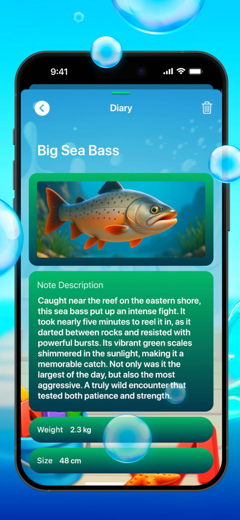 Deep Sea Fish Notes or Task - Diary screen showing a Big Sea Bass catch with weight and size details