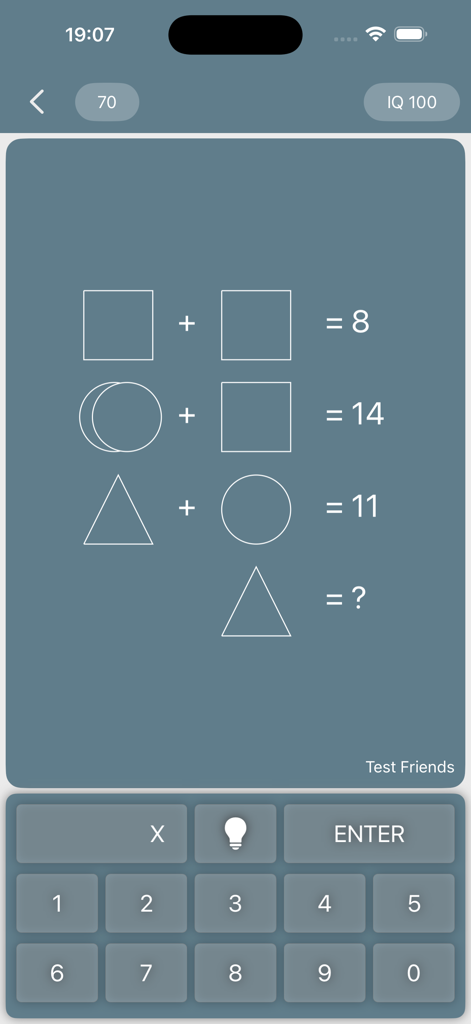 Math Riddles: IQ Test Quiz - A math logic puzzle using geometric shapes in a dark themed interface