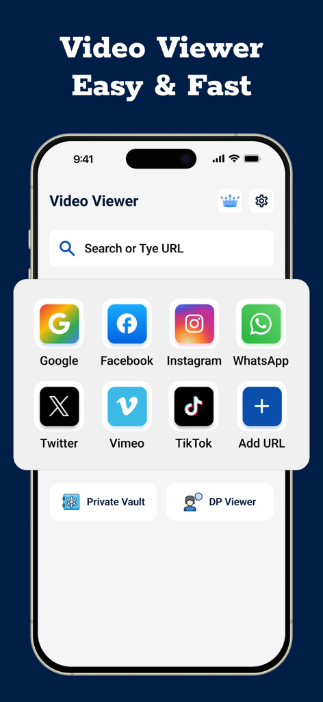 Startbildschirm der Video Browser App mit einer Suchleiste, Verknüpfungen zu sozialen Medien und einer Schaltfläche für private Speicher.