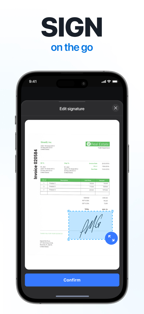 携帯電話で不動産の請求書にデジタル署名を追加しているScanGuruアプリのインターフェース