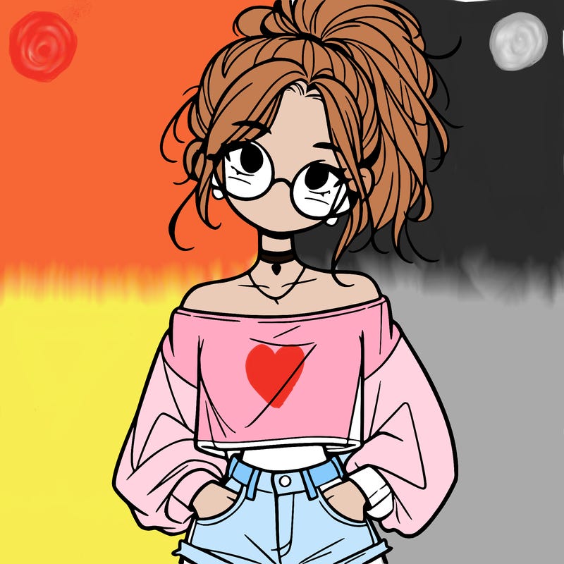 girl with a messy ponytail glasses a baggy crop top and jean shorts